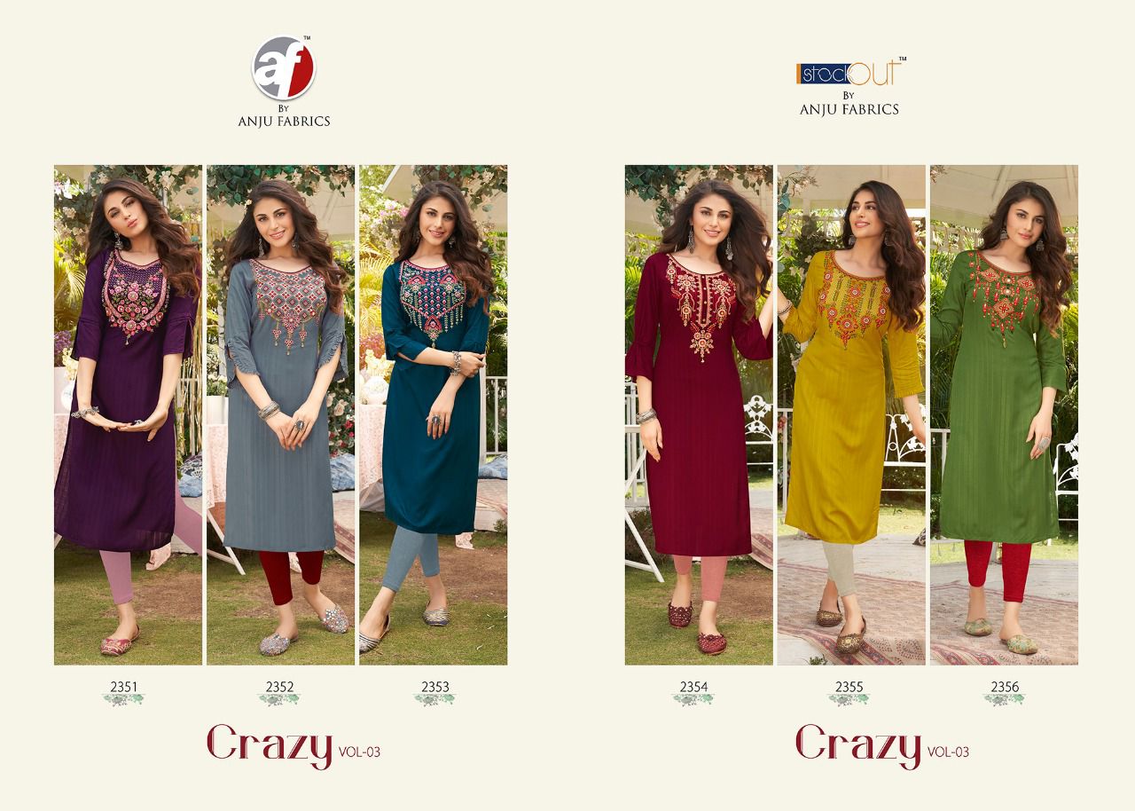 Crazy Vol 3 By AF Viscose Rayon Embroidery Kurtis Wholesale Clothing Suppliers In India